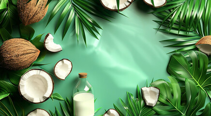 White coconut milk in a transparent bottle and natural brown coconuts on a background of green tropical leaves