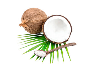 Fresh tropical coconut, cracked open with its hard shell and healthy white milk, isolated on a...