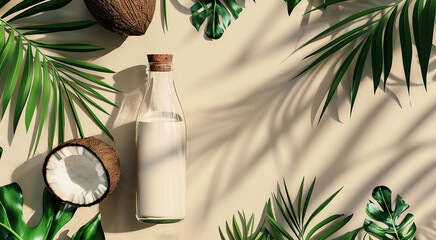 White coconut milk in a transparent bottle and natural brown coconuts on a background of green tropical leaves