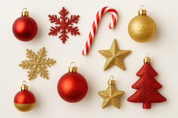 Red and gold Christmas ornaments including baubles, stars, snowflakes, candy cane, and tree shapes arranged on white background in flat lay holiday composition
