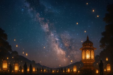 People watch floating lanterns rise into the starry sky beneath the Milky Way, with glowing lanterns lining a pathway and large ornate lanterns in a nighttime festival setting