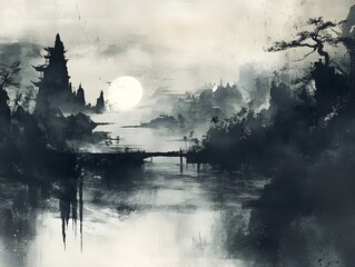 Elegant Monochrome Chinese Ink Painting Featuring Flowing River, Craggy Peaks and Ethereal Mist Embracing Daoist Harmony misty morning in the forest