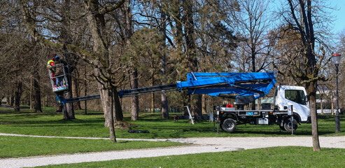 Professional maintenance crew with hydraulic crane truck performing utility work in urban park...
