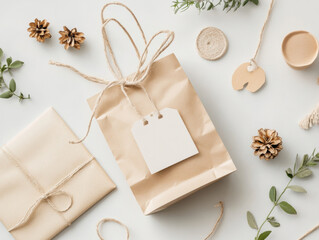 Obraz premium Discover the playful mystery gift bag filled with surprises and natural elements perfect for celebrations