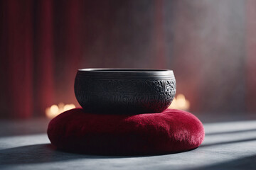 Meditative still life featuring a singing bowl resting on a plush cushion. Ideal for representing mindfulness, relaxation, wellness,  spiritual practices. Peaceful, serene mood.
