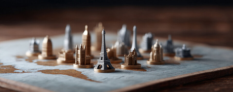 World exploration concept. Miniature landmarks displayed on an antiquestyle map. Travel inspiration, global strategy, education. Detailed artistic.