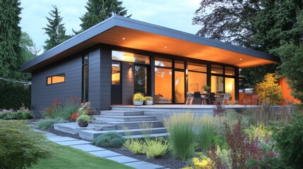 Modern house with heat pump outside, under a sharp sloping metal roof, showcasing sustainable design and green architecture principles