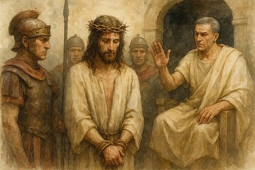 Roman governor sits in judgment while Jesus, wearing a crown of thorns and bound hands, stands silently surrounded by Roman soldiers in historical biblical setting
