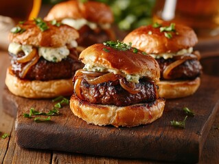 Gourmet bite-sized sliders served on wooden board at a casual dining setting with fresh ingredients