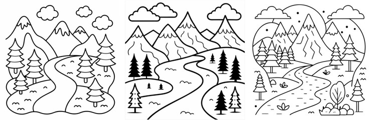 Fototapeta premium River Forest Coloring Page - Natural Landscape Outline Line Art for Kids and Adults