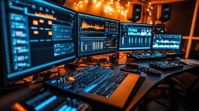 Colorful music producer workstation with multi monitors and mixers. AI-generated.