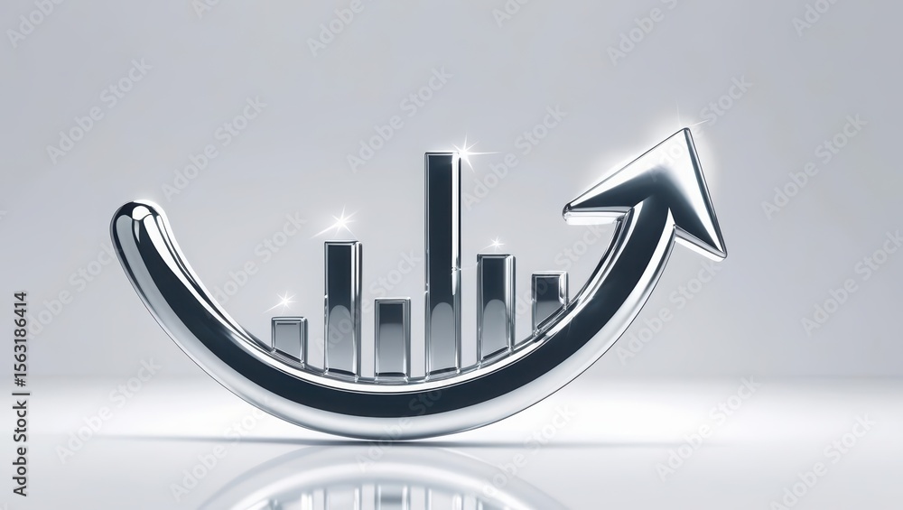 Poster modern silver arrow and bar graph rising in a curved arc representing growth and progress with shiny