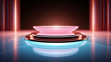 A glowing pink podium in the shape of a round bowl on a dark cherry background with shiny columns on the sides on a light blue floor, round glass, podium, front view, color image, banner, ai