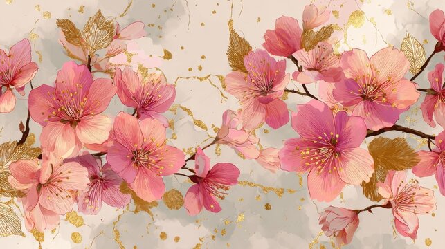 Spring floral in watercolor vector background. Luxury wallpaper design with pink flowers, line art, golden texture. Elegant gold blossom flowers illustration suitable for fabric, prints, cover., no l