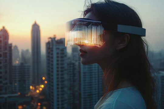 A woman wearing VR glasses visualizes a futuristic cityscape, blending reality and virtual design.