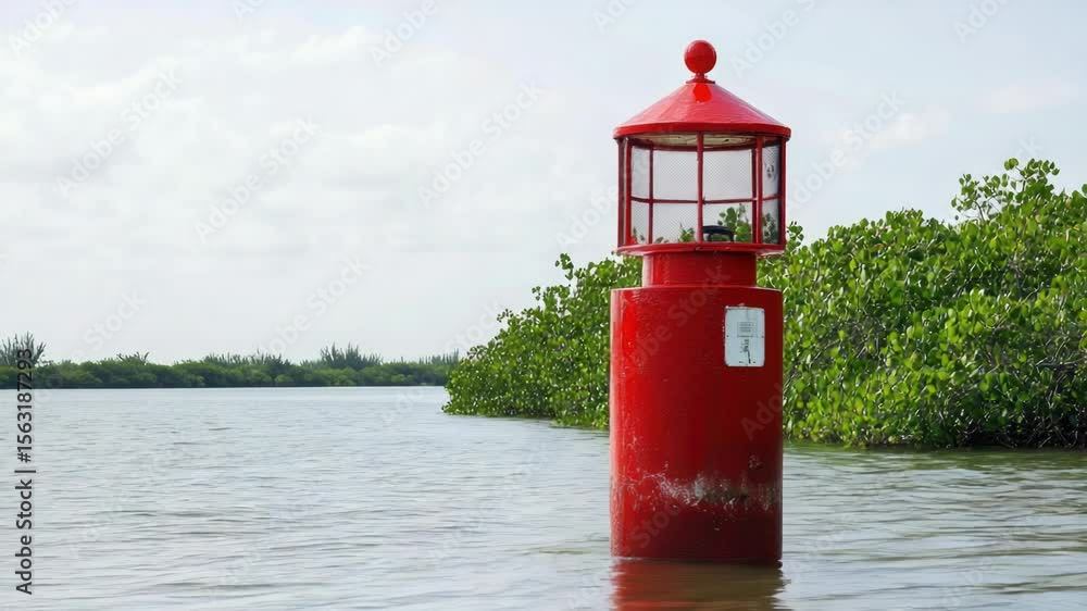 Poster a single lighthouse standing on calm lake waters, with no surrounding structures or boats visible