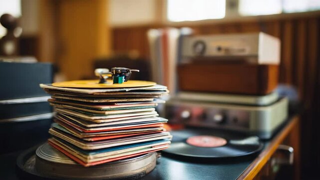 Vintage record player with stack of vinyl records