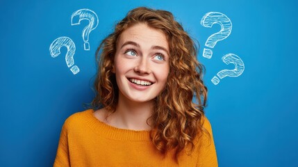 curiosity, information, knowledge, education and people concept - happy young woman or teenage girl head with question marks, no logos, no brands