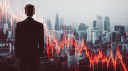 Shocked businessman in suit looking at decreasing chart on city background. Trade and crisis concept. Multiexposure, no logos, no brands
