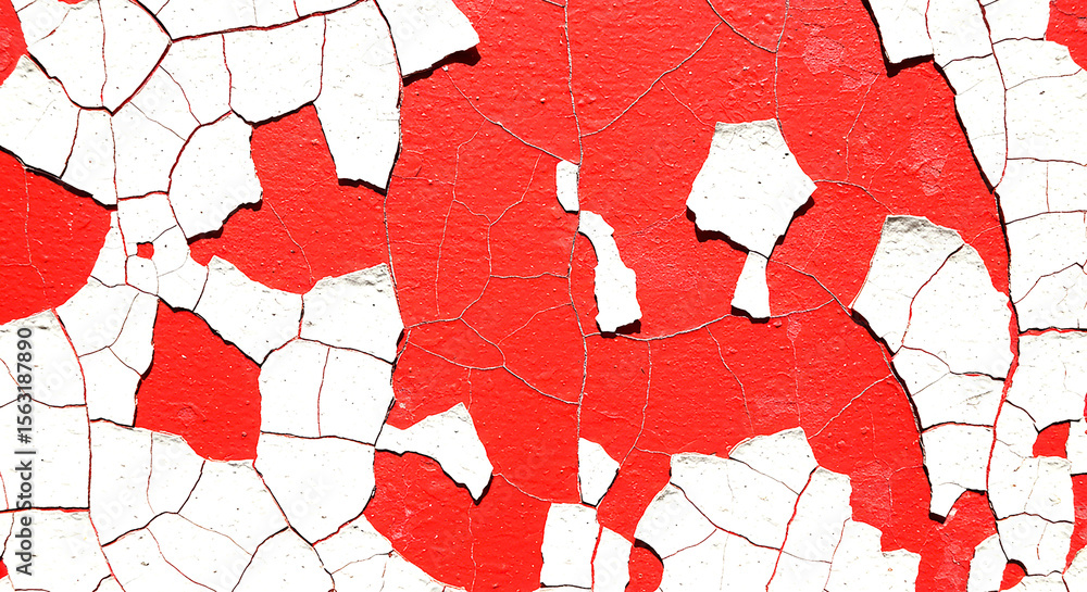 Poster close up of red and white paint peeling and cracking creating a textured abstract background image