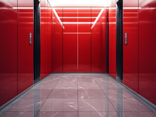 Close‑Up View of Clean Elevator Cabin Doors Featuring Blank Vertical Poster for Branding or Messaging red corridor in a modern building