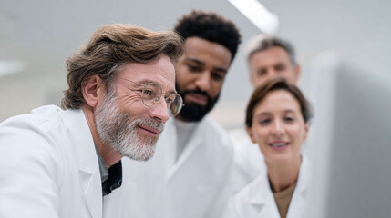 Focused team of scientists in lab coats examining data on a screen. Collaboration, discovery, and expertise for medical research, tech innovation, or healthcare.