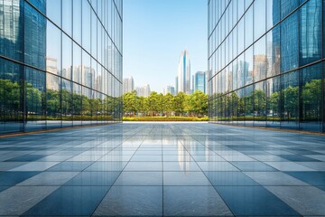 Fototapeta premium Modern Corporate Building with Glass Facade in Urban Business District Surrounded by Nature