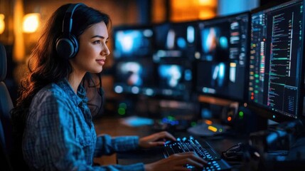 Woman editor using mouse pen to edit video content and finding joy female holding working editing