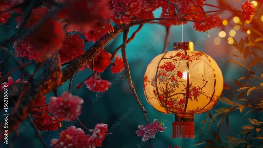 Poster a bright red and yellow lantern hangs from a tree branch, ready for night use
