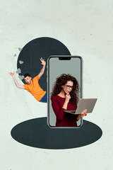 Contemporary artwork collage of happy girl guy stand phone heart notification icon social media...