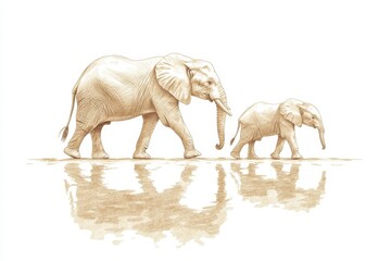 Fototapeta premium Two elephants walking together in harmony, showcasing their bond during a quiet moment near a body of water at dawn, highlighting their significant connection and familial love