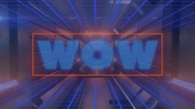 3D blue WOW text fading triggers orange outline drawing, corridor grid pulsing for visual impact