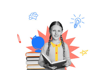 Trendy art full pop photo collage of happy small geek schoolgirl hold book literature subject...