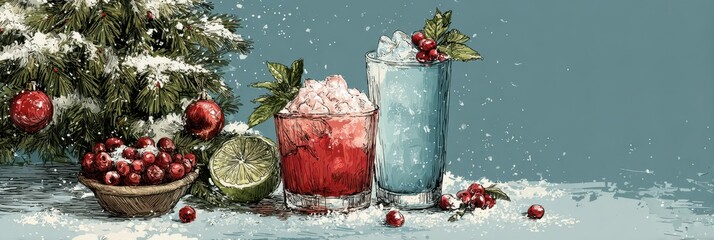 Holiday drinks with festive decorations and snowy atmosphere, perfect for winter celebrations