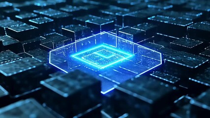 Futuristic digital landscape featuring glowing blue geometric shapes amidst a dark, textured background - Powered by Adobe