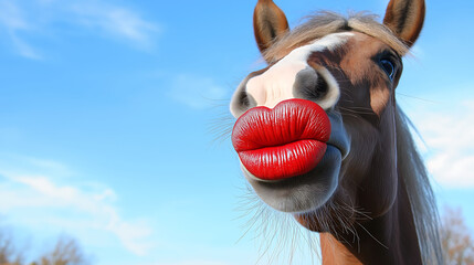 funny thank you kiss card with animals, a horse with red human lips