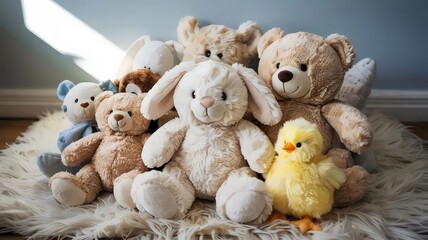 Pastel plush toys on soft rug with bunny and teddy bear &ndash; Suitable for children&rsquo;s product branding, playroom design, or early childhood themes.