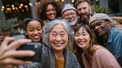 Fototapeta premium Group of multigenerational people taking selfie with phone camera - Multiracial friends of different ages having fun together - Main focus on asian woman face, no logos, no brands