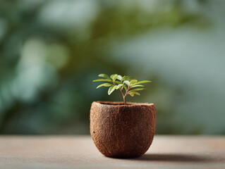Small plant seedling in a coconut shell pot, symbolizing new beginnings, growth, and environmental consciousness. Use for eco themes, sustainability, and hope.