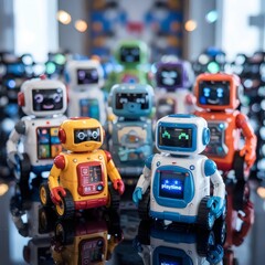 Chrome surface display of colorful toy robots with glowing lights