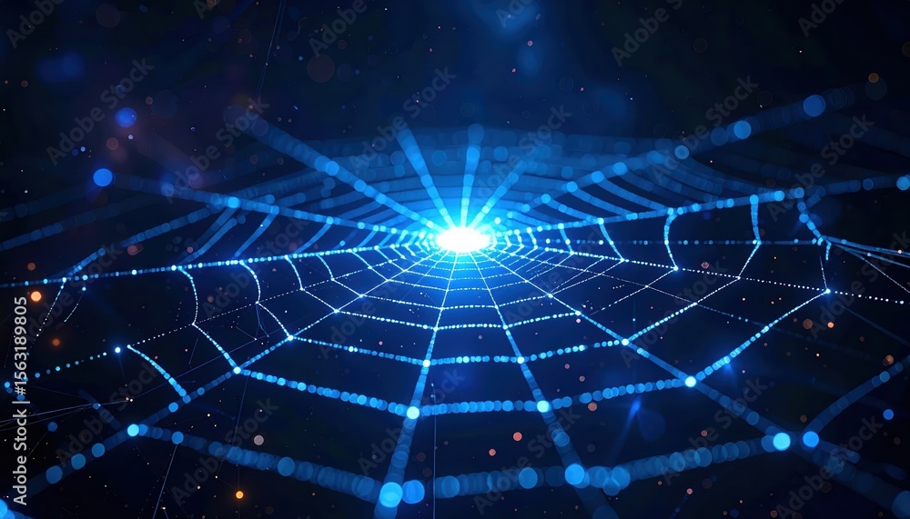 Poster futuristic glowing digital web network with interconnected nodes and bright central point representi