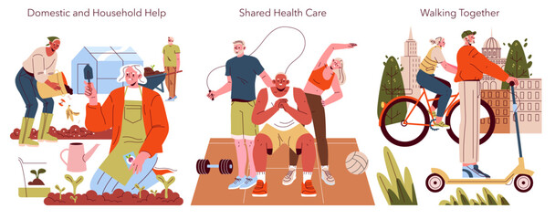 Illustrated Scenes of Help and Care in Daily Life