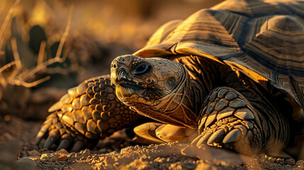 Naklejka premium AI-generated image with a close-up of a realistic turtle resting in a dusty desert environment under the harsh sunlight, showing detailed textures of its head, shell, and limbs 