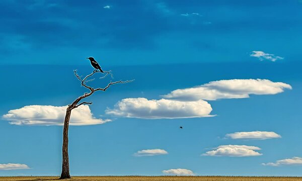 Lonely bird perched on a barren tree against a vast blue sky dotted with fluffy white clouds