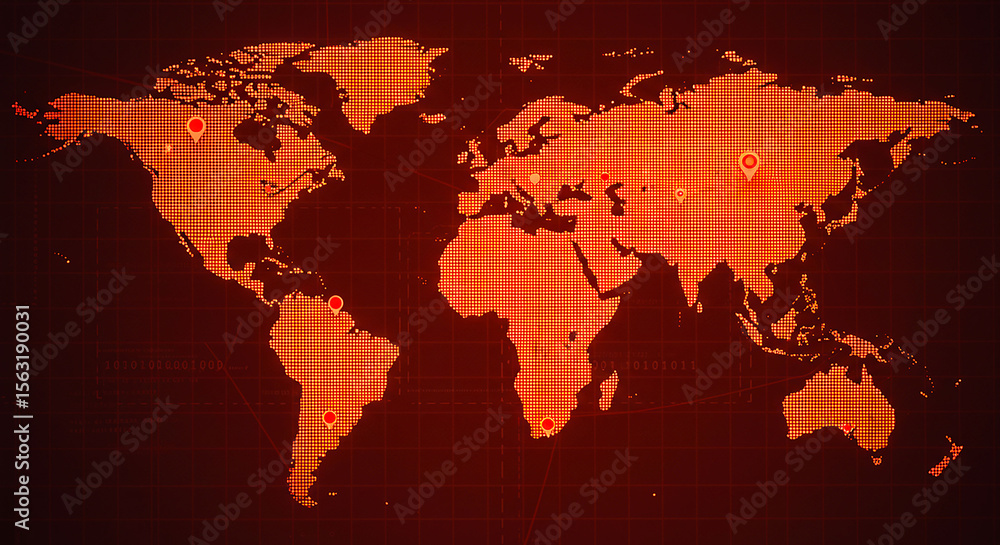 Poster a red world map with various location pins indicating different areas across the continents shown he