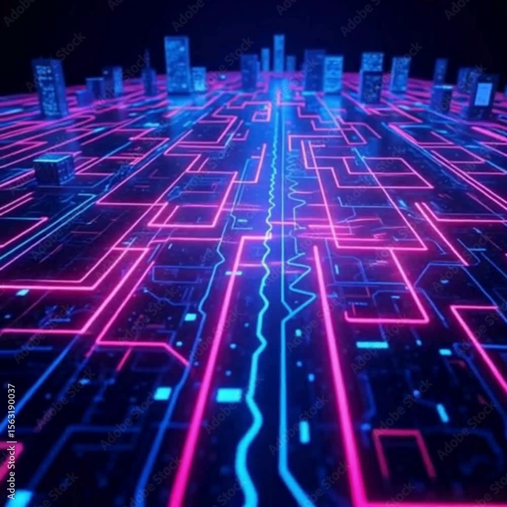 Poster abstract futuristic city with glowing neon lines representing technology data and digital infrastruc