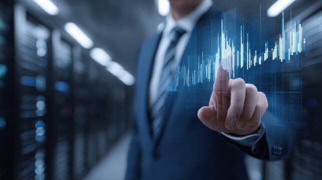 business, people and technology concept - businessman in suit with charts on virtual screen over server room background, no logos, no brands
