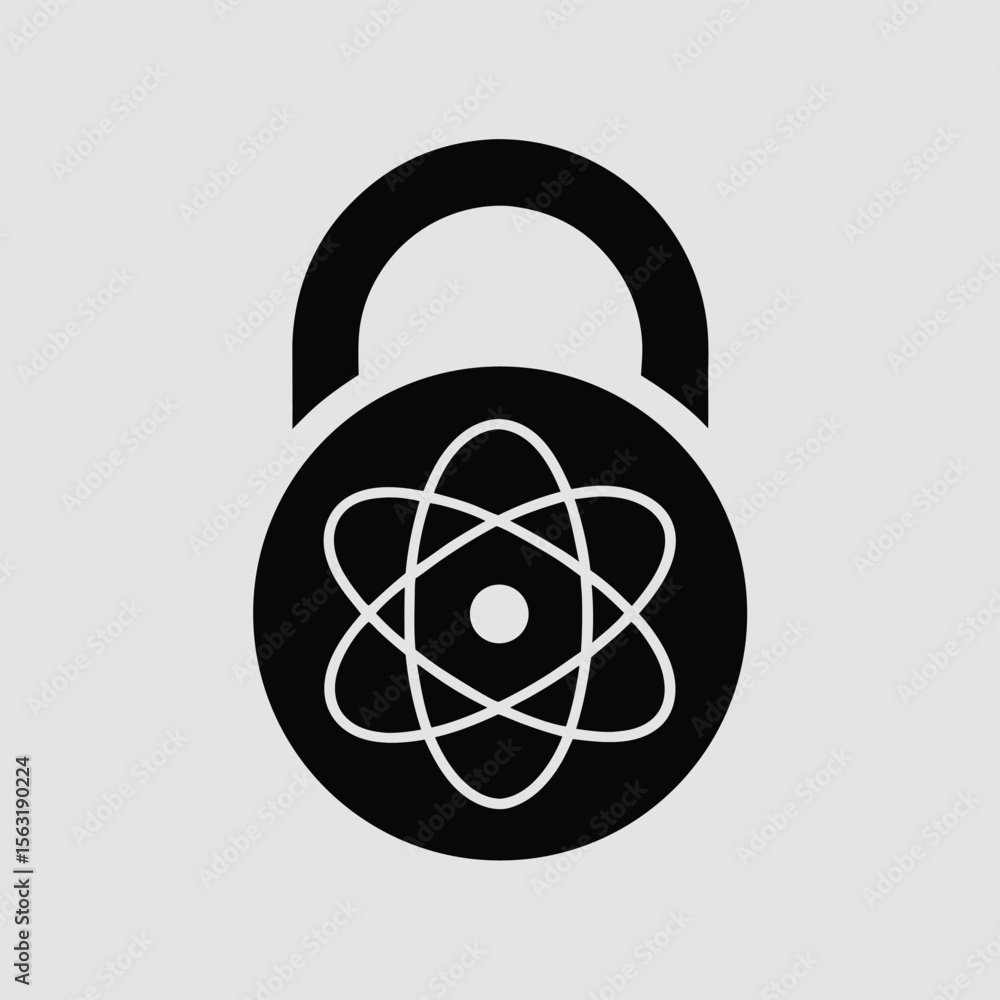Poster atomic structure inside a secure padlock symbolizing scientific security
