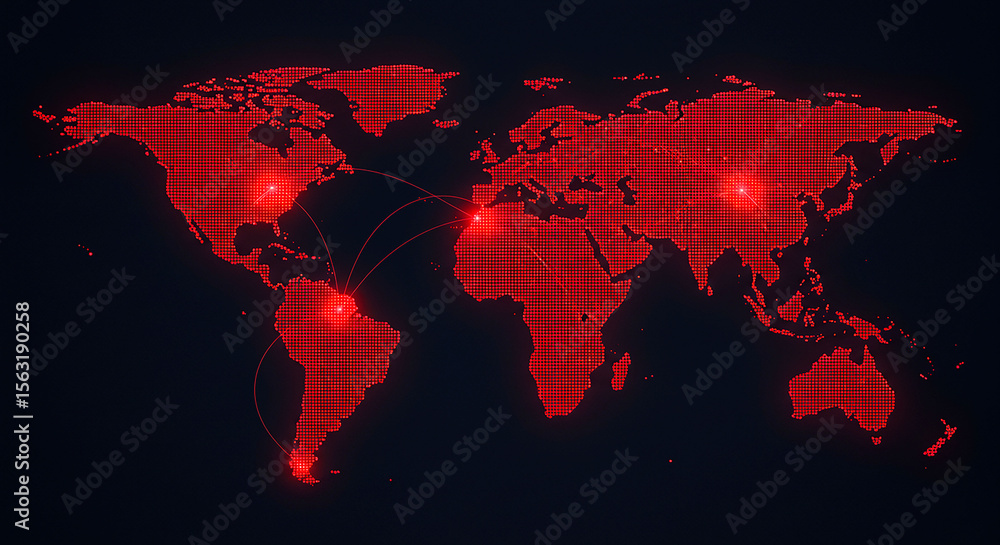 Poster a red world map with bright spots and connecting lines on a dark background in a digital style
