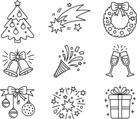 Festive Line Art Collection of Christmas and New Year Celebration Icons, Ideal for Holiday Designs and Creative Projects